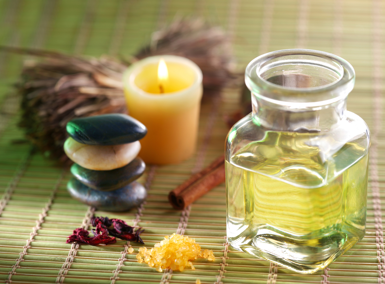 Still life with massage oil in the spa salon
